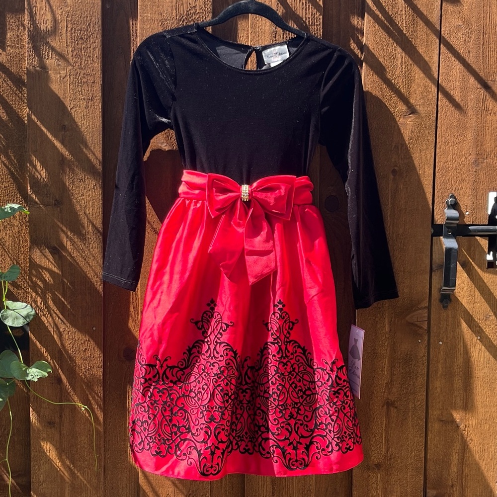 Rare Editions Girls Party Dress Black Stretch Velvet Red Satin Size 12 NWT